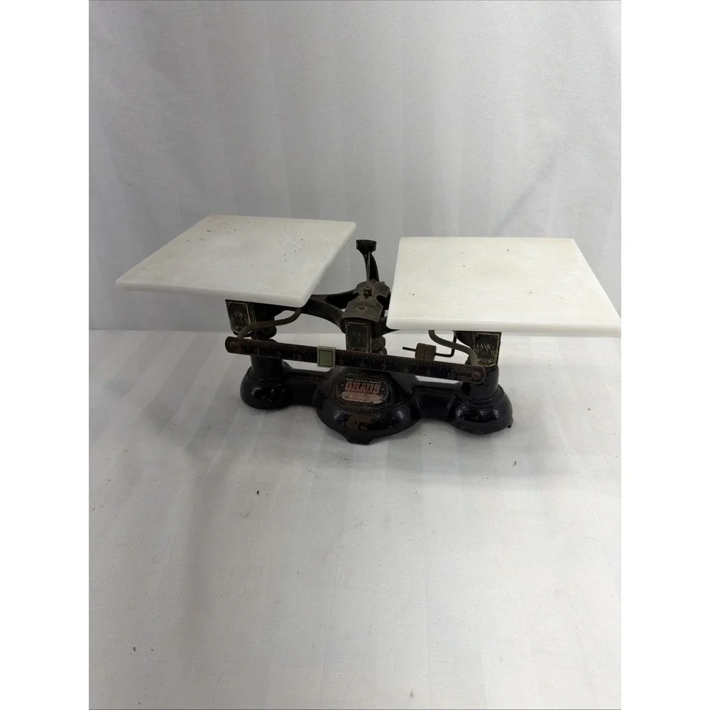 Antique Ohaus Balance Scale Double Beam Cast Iron & Steel Milk Glass Pans 2 Kilo